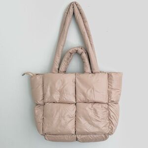 Quilted Taupe Puffer Tote Bag